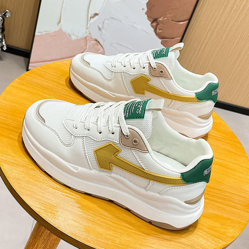 2023 New Chunky Sneakers Women Mesh Leather Platform Shoes Mixed Colors Lace-Up Lady Trendy Trainers Thick Sole