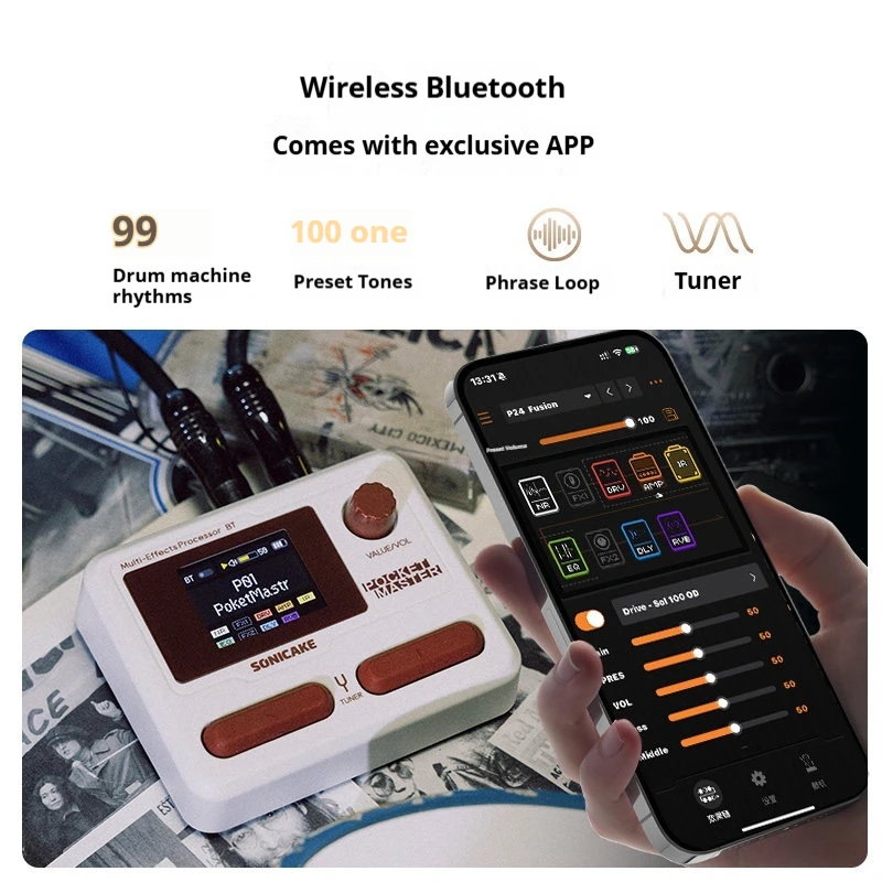 Фото Педаль мультиэффектов Sonicake Pocket Master для электрогитары с беспроводным Bluetooth-подключением, компактная и портативная №1