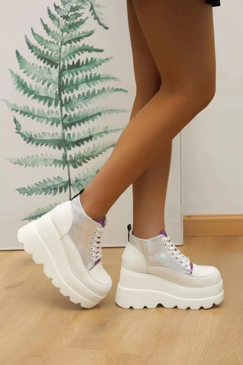 White Women Sneakers Wedges Lace Up Shoes Thick Vulcanized Shoes High Heel Pumps Casual Comfy Female Breathable Chunky  Platform