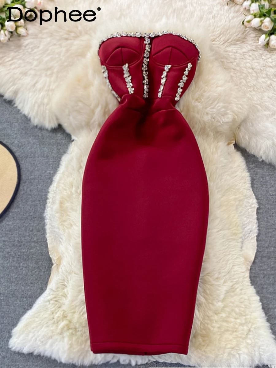 

Temperament Banquet Party Tube Top Dress for Women High-End Elegant Slim Fit Backless Diamond Pink Badycon Midi Dress Summer New