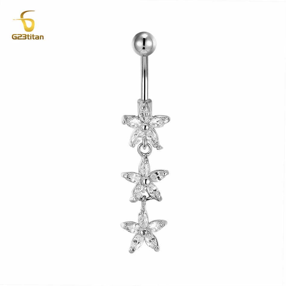 

G23titan Crystal Flower Pendant Belly Button Piercing Rings 14 Gauge G23 Titanium Barbell Hypoallergenic Body Piercing Jewelry