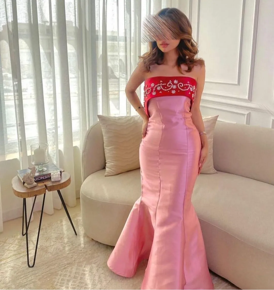 

Sayulita Pink Mermaid Prom Dresses with Beaded Red Strapless Pageant Party Birthday Gowns Zipper Back Long Maid of Honor Dress
