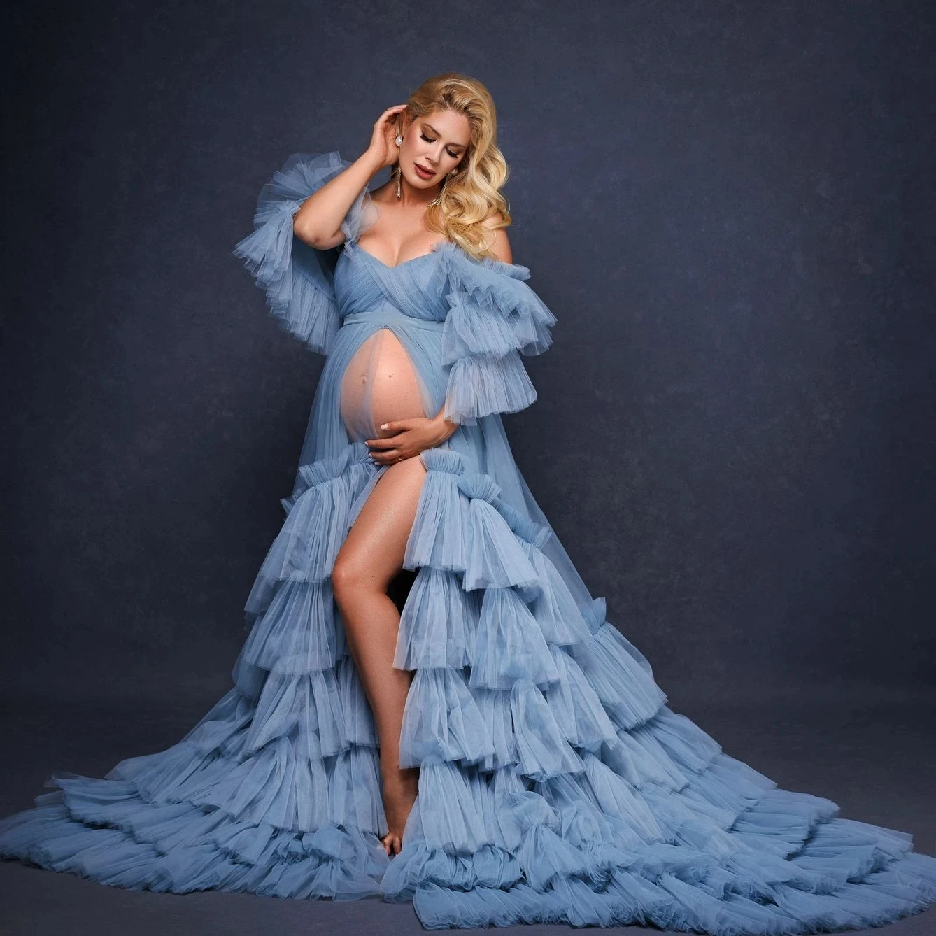 

Элегантное синее Пышное Тюлевое платье для беременных многоярусные платья с оборками для фотосъемки платья для беременных на заказ
