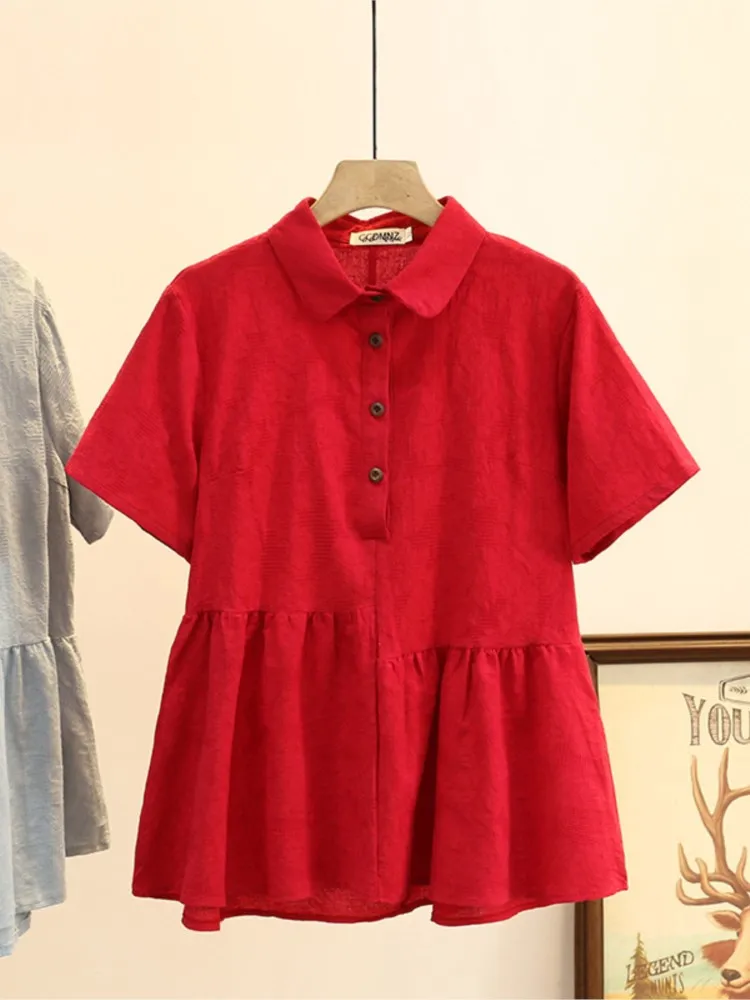

Plus Size Blouses Women Clothing Summer Cotton Linen Solid Short Sleeve Fashion Asymmetric Stitching Tops f52-6361