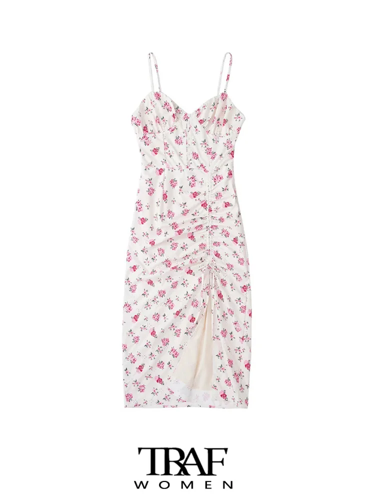

TRAF Women Fashion With Ties Floral Print Embroidered Midi Dress Vintage Backless Elastic Thin Straps Female Dresses Mujer
