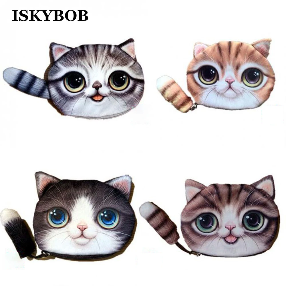 Cartoon Plush Children Gift Cat Face Tail Coin Purse Kid Wallet Bag Change Pouch Key Holder Girls Women Big Capacity Cute Zipper