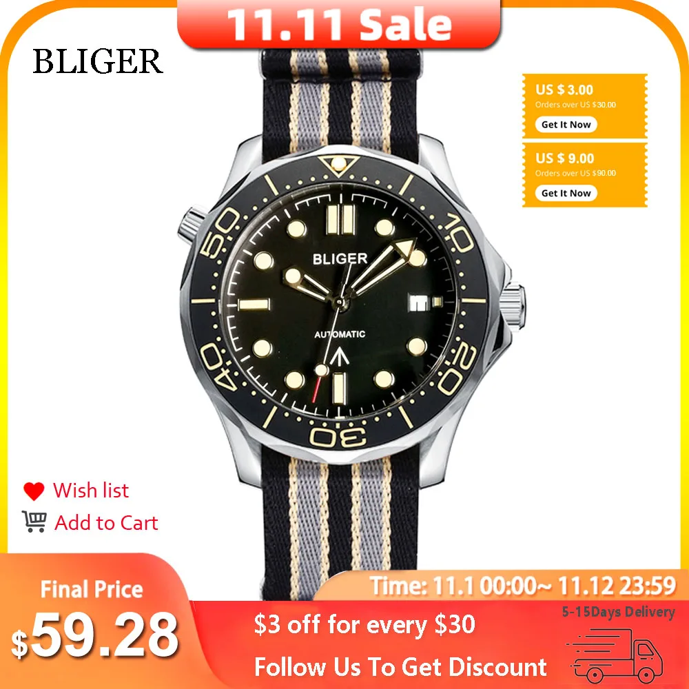 Pаспродажа Мужские часы BLIGER Dress NH35, простые стальные автоматические часы с ремешком из нейлона, сапфировым стеклом и вращающейся вставкой, 24 Драгоценно...