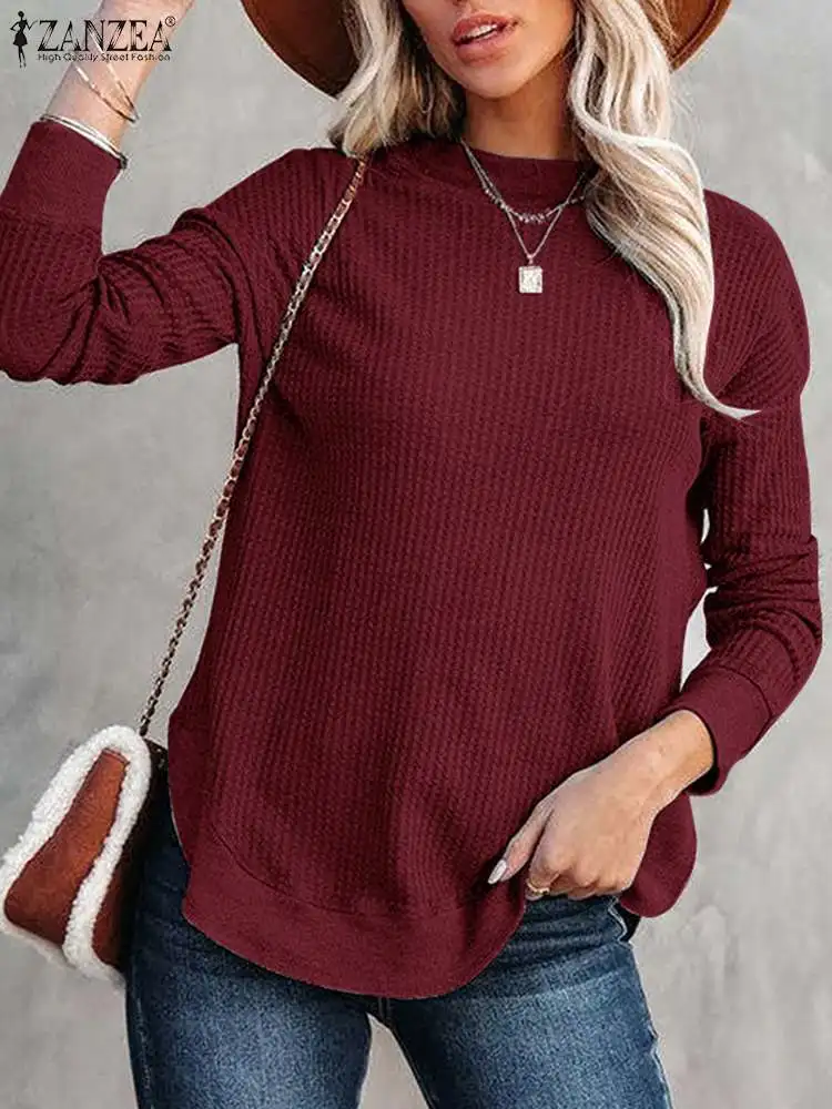 

ZANZEA Autumn O Neck Long Sleeve Shirt Fashion Knitting Blouse Women Casual Solid Shirts Work OL Tops Blusas Pullover Oversize