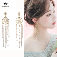 xiaoboacc 925 silver needle dreamcatcher earrings for women fashion long tassel pearl earrings