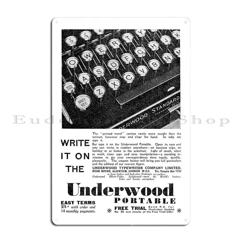 Пишущая машинка Underwood Co портативный винтажный рекламный металлический знак 1931