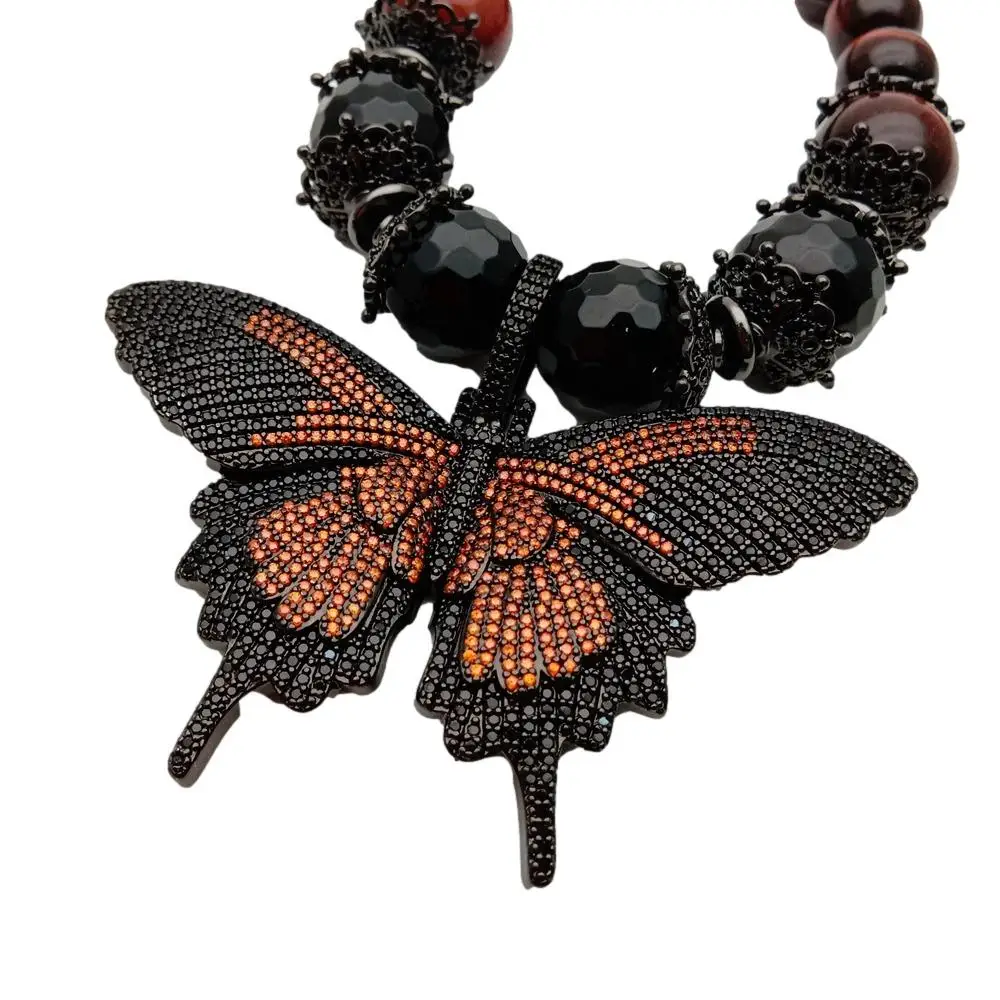

Y·YING Brown Tiger Eye Choker Necklace Cz Pave Butterfly Pendant Designer