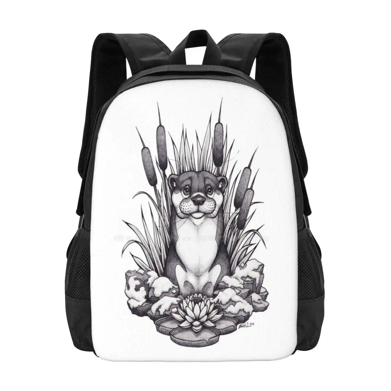 Otter & Aquatic Plants School Bags For Teenage Girls Laptop Travel Bags Otter Animal River Plant Lily Black And White Cattail