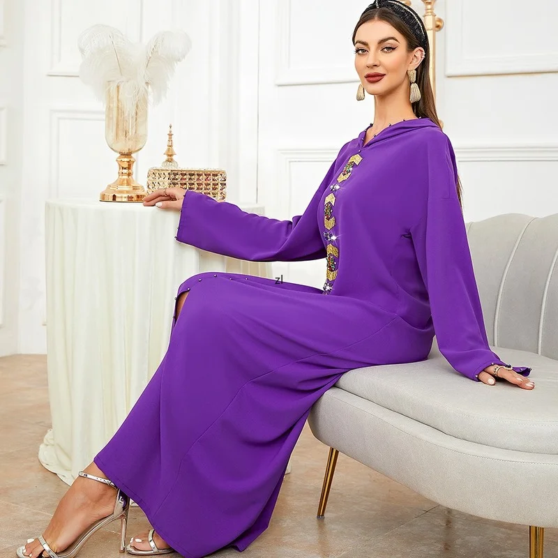 Dark Purple Hand Sewn Diamond Gold Tube Dress Dubai Arabian Robe  Maxi Dress 2022 New Kaftan Abayas Djellaba Moroccan Vestidos