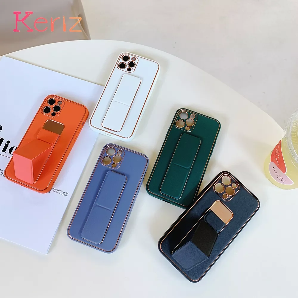 

Lens Protection Electroplating Lychee Pattern Folding Stand Phone Case for iPhone 12ProMax 12Pro 11 XS Max 7 Plus