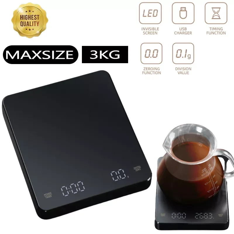 

3kg/0.1g Black Mirror Basic+ Electronic Scale Built-in Auto Timer Pour Over Espresso Smart Coffee Scale Kitchen Scales 2022 New