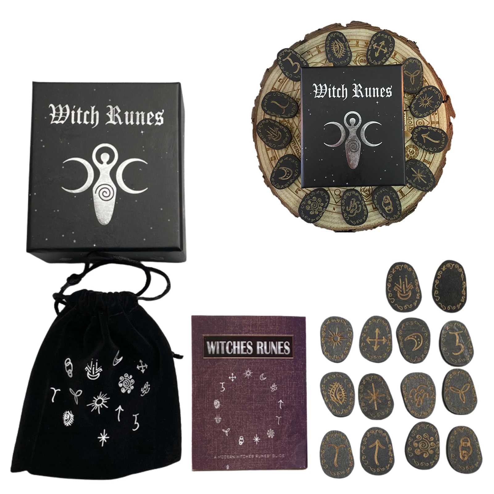 

16Pcs/set Wooden Witch Runes Stone Set Engraved Symbol For Meditation Divination Rune Stones Set With Storage Bag Tablecloth