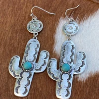ethnic round blue green stone boho earrings for women vintage silver color metal cactus dangle earring jewelry gift