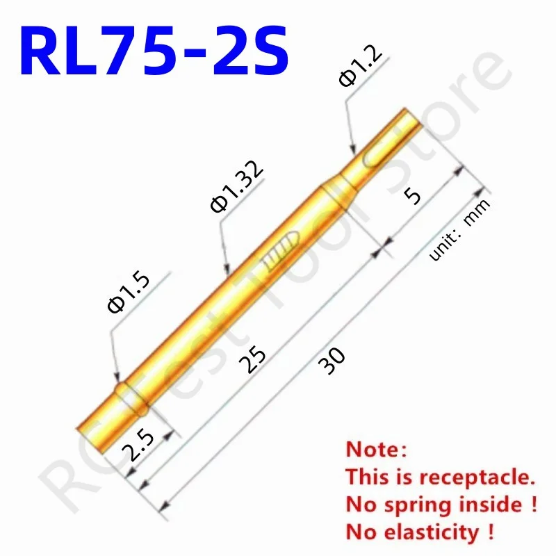 

100PCS RL75-2S Test Pin PL75-B1 Receptacle Brass Tube Needle Sleeve Seat Solder Connect Probe Sleeve 30mm Outer Dia 1.32mm