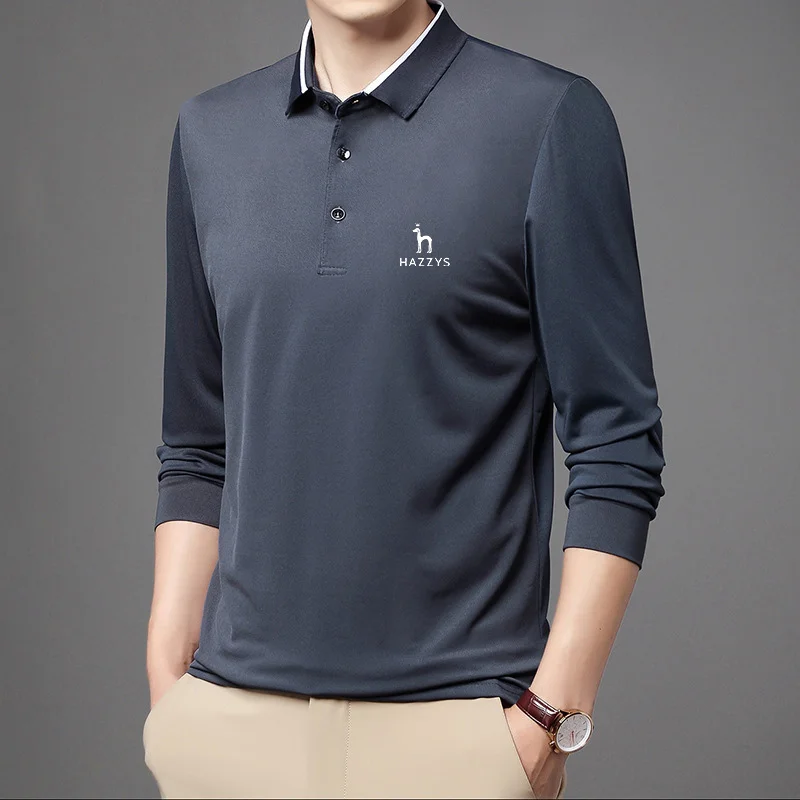 HAZZYS Men's Spring Summer Autumn New Business Lapel T-shirt Thin POLO Shirt Solid Color Fashion Simple Style Base Coat