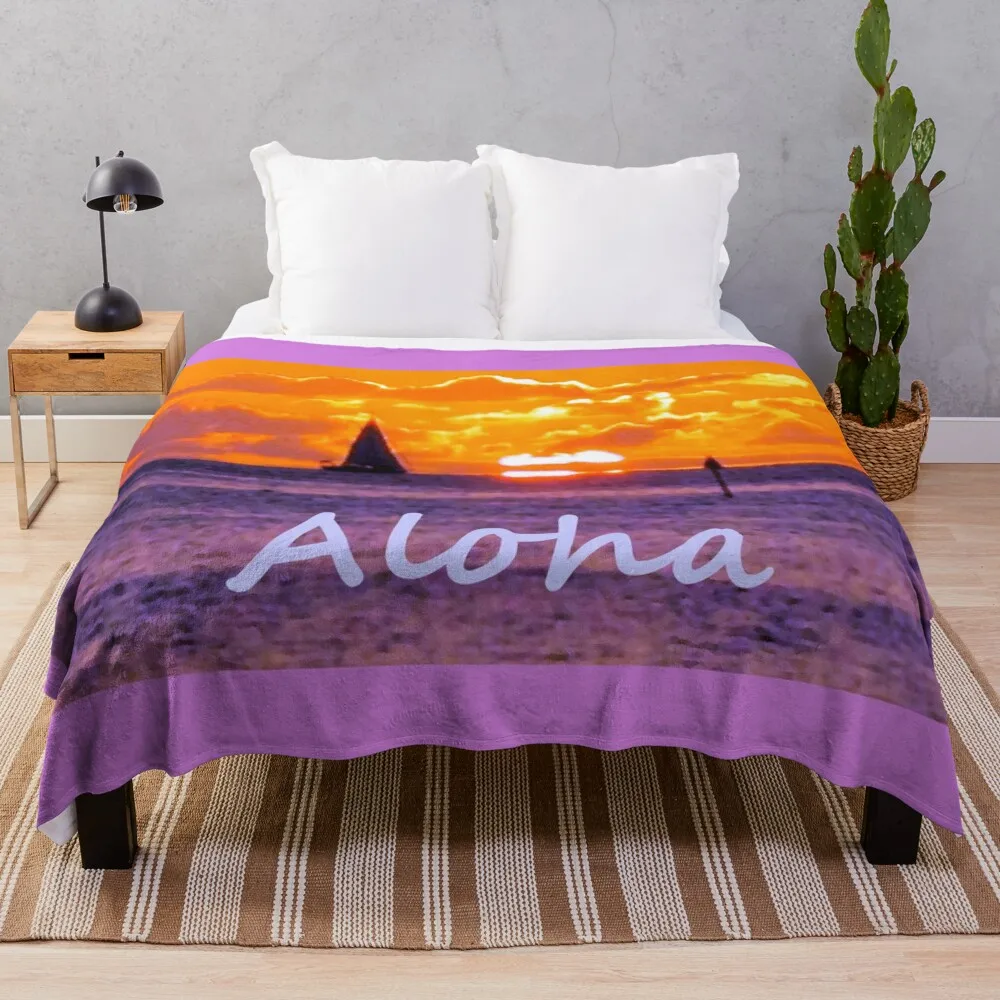 Фиолетовое одеяло Leahi Park Sunset Aloha для пикника забавный подарок одеяла в стиле аниме