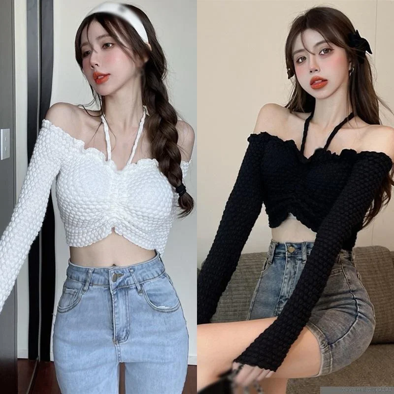 

off-shoulder halterneck crop top women bubble long-sleeved sexy bottoming shirt