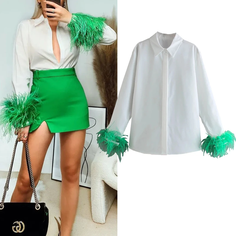 

TRAF Zar Green Feather Top Women White Shirt Woman Long Sleeve Elegant Female Blouses 2022 Fashion Collared Button Up Shirt