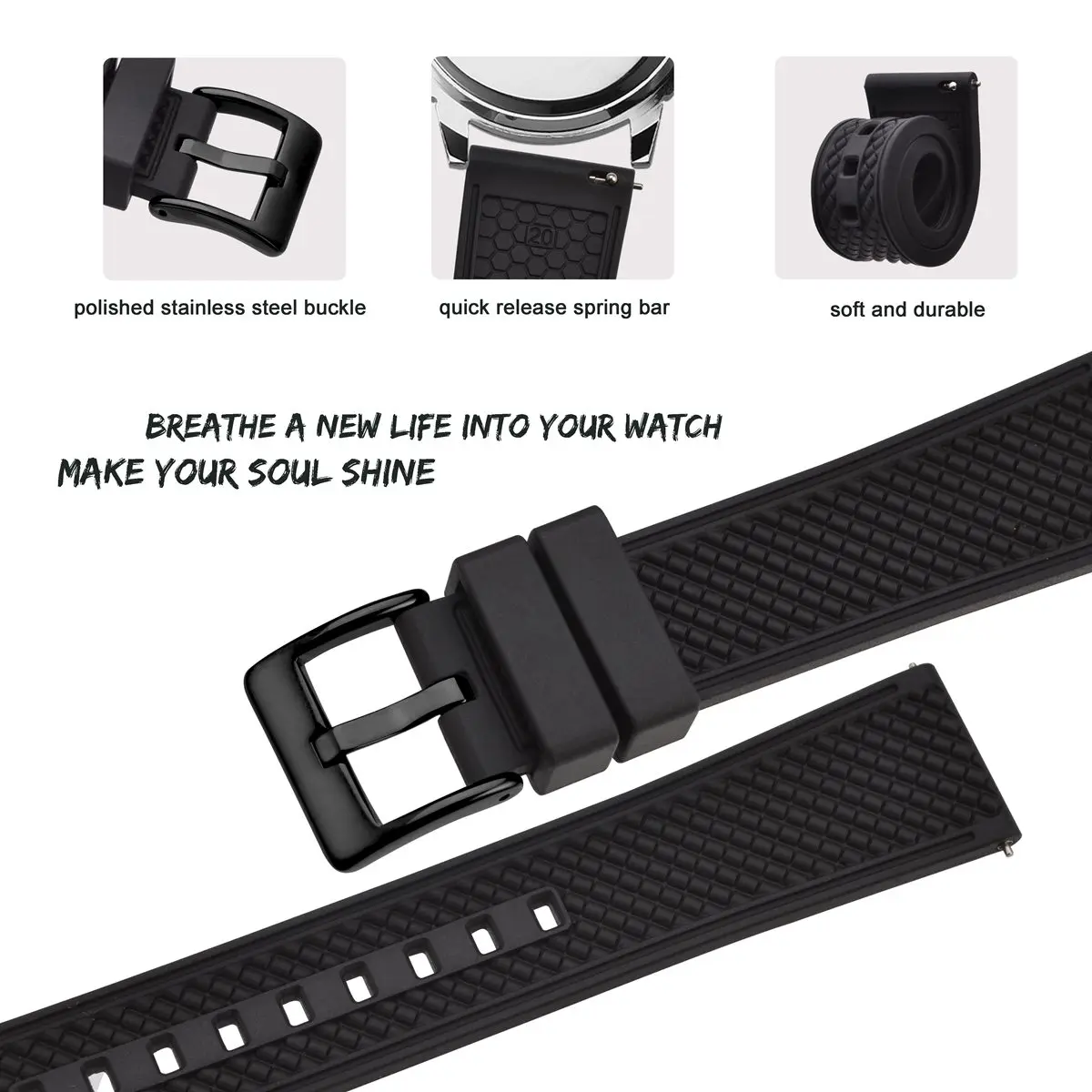 BISONSTRAP Fluororubber Sport Watch Strap 18mm 20mm 22mm Waterproof Bracelet with Stainless Steel Buckle Multicolor Watchband
