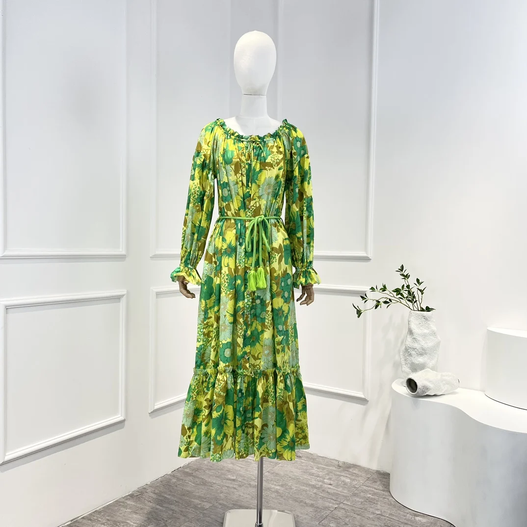 

New Arrival Spring Green Dating Long Dress 2023 Top Qulaity Yellow Floral Print Wide Neckline Flare Sleeve Clothes