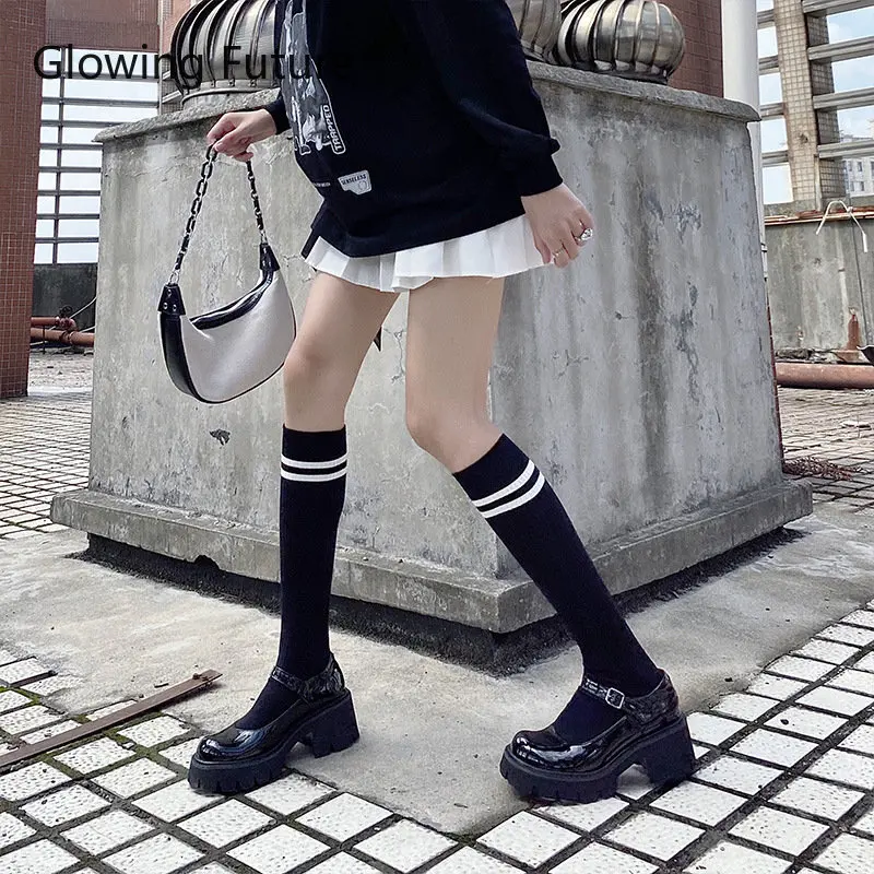 New Women Stockings Kawaii Two Bars Striped Knee Socks Japanese Fashion College Style Baseball Sokken Cute Socks Causal Long Sox