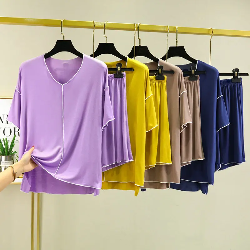 Fdfklak New Arrivals 2022 Women Short Sleeve Tops 2 Pieces Suit Modal Sleepwear Solid Color Pajamas Set Lingerie Pyjamas