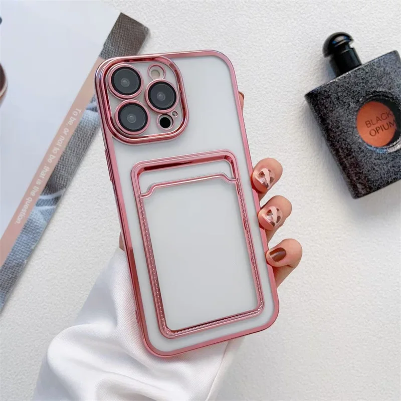 

Fashion Electroplating TPU Lens With Card Bag Full Package Following From Apple iphone12 Pro13 14 7/8Plus X XR