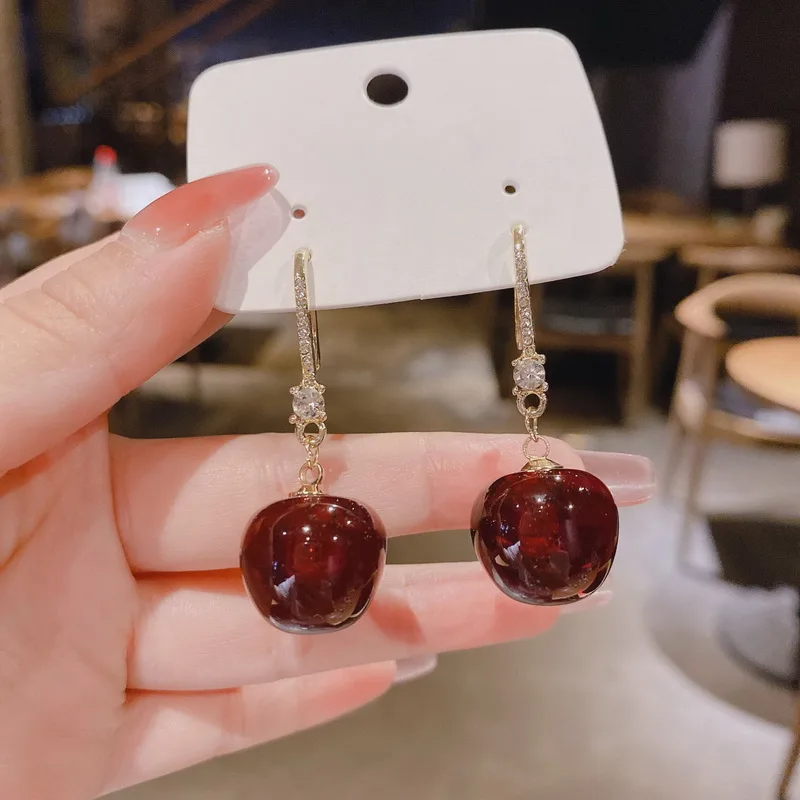 

New Hot Sale Japan Korean Red Cherry Drop Earrings For Women Sweet Girls Fruit Hang Dangle Earrings Ear Line Party Jewelry Gift