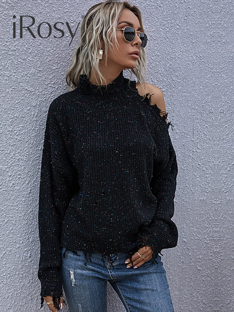 

Autumn Disdressed Y2K Turtleneck Sweaters Casual Cold Shoulder Knitted Pullover For Women Fashion Tops Ladies Ripped Jumpers