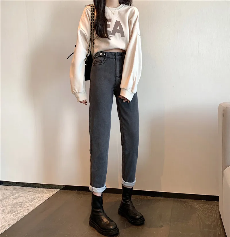 N1791  The new Korean style plus velvet was thin and high waist adjustable Harlan daddy pants jeans