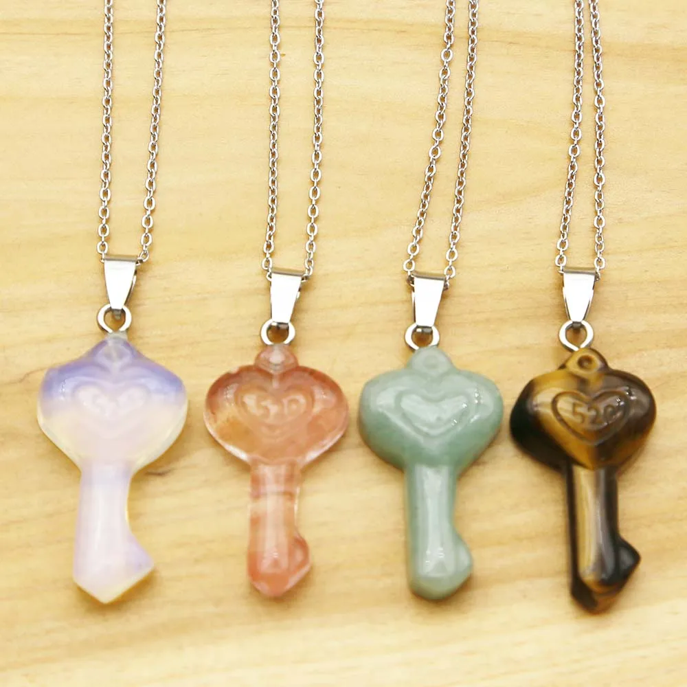 

Natural Stone Heart 520 Love Key Pendant Stainless Steel Chain Necklace Healing Charm DIY Jewelry Accessories Gift Wholesale 1Pc