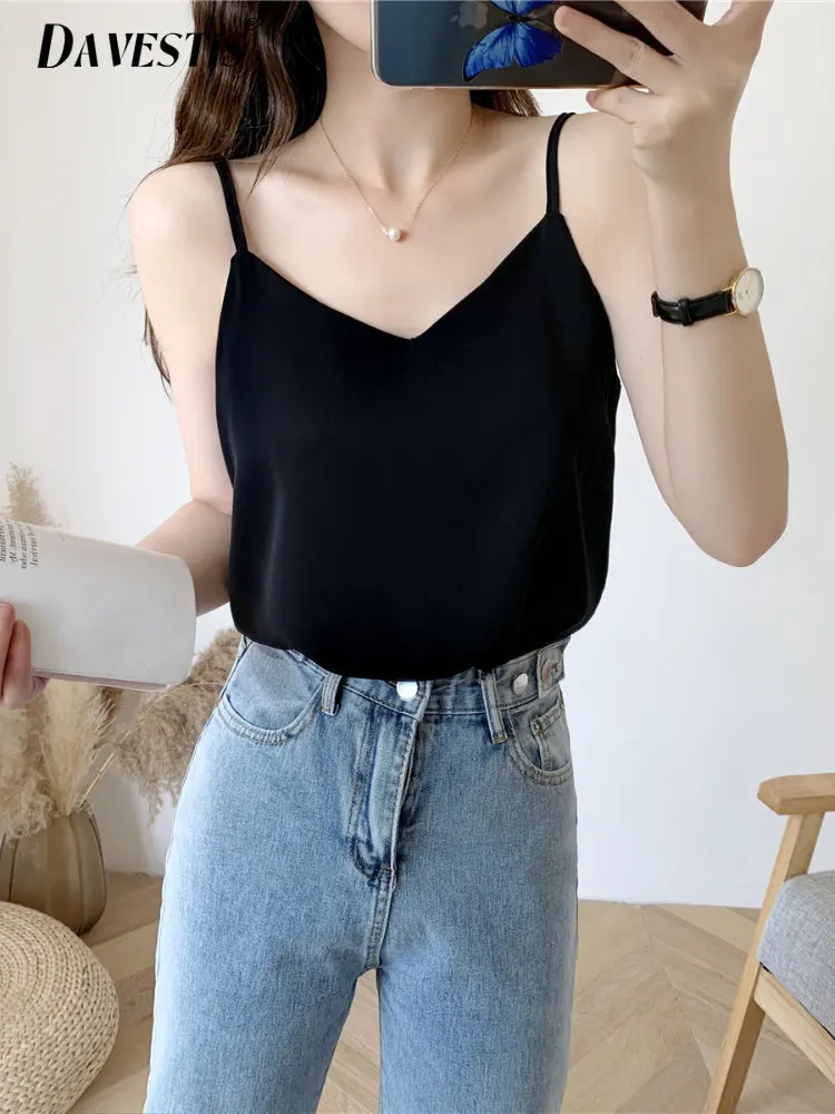 

2023 Summer Korean Chiffon Camisole Top Women Fashion Simple Loose Comfortable Camisole Women Solid Color Office Bottoming Vest