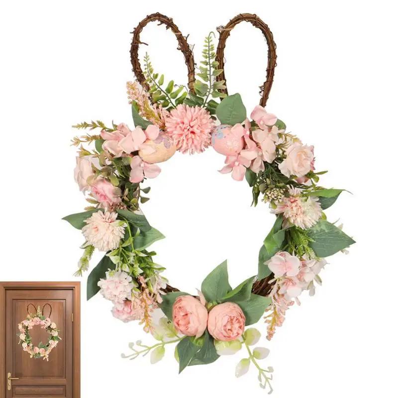 

Easter Bunny Wreath Cute 17.7in Artificial Easter Rabbit Wreaths For Front Door Curl Flowers Greens With Pastel Eggs Flowers