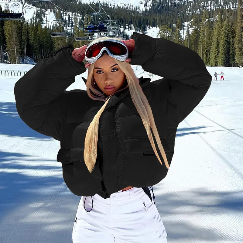 Thick Warm Women Solid Bubble Coat Stand Collar Padded Jacket Long Sleeve Winter Parkas Casual Outwear Puffer Jacket streetwear