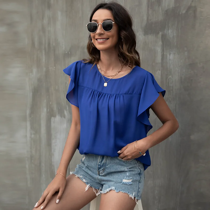 

Women Casual Chiffon Blouse Summer Short Sleeve O-Neck Loose Solid Color Tops Sweet Ruffles Splice Shirt Fashion Lady Streetwear
