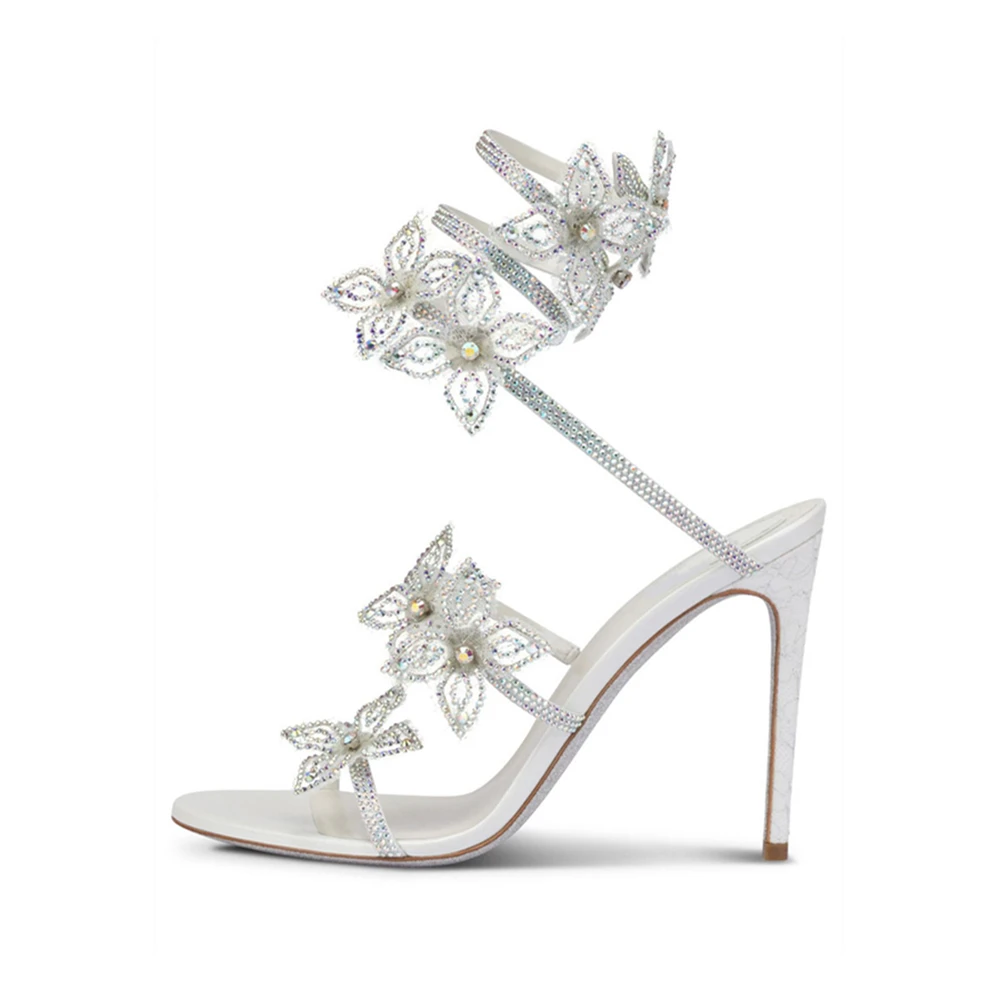 Women's Sandals Summer 2023 Rhinestone High Heels Sandals Women Flowers Crystal Snake Shaped Ankle Strap Sandals Women Stiletto