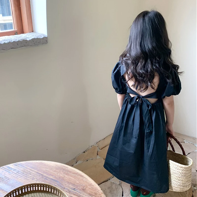 

Летнее платье для девочек, платье для малышей, детское платье, детская одежда, модное черное платье с открытой талией и буффами на рукавах