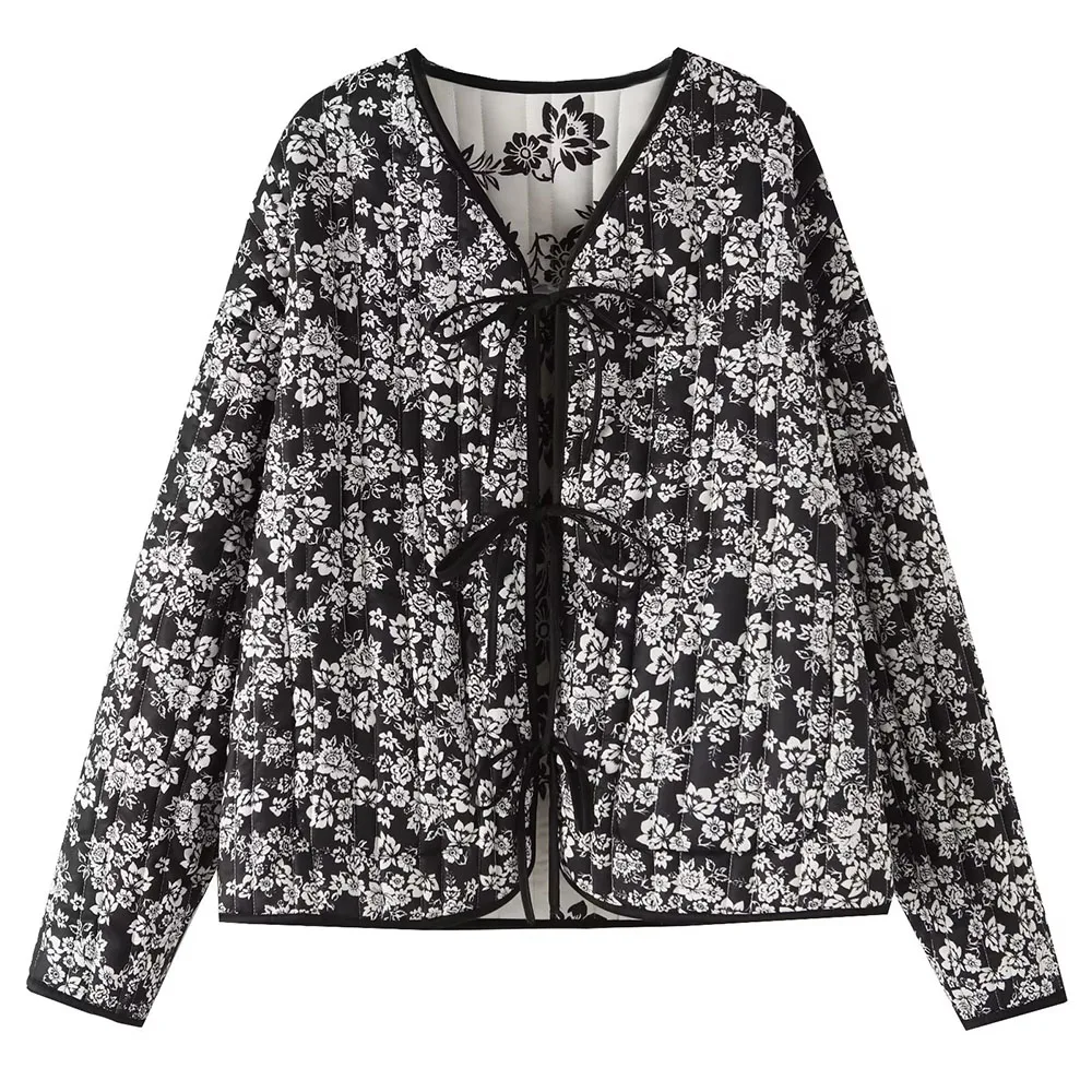 Autumn and winter new fashion women's round neck lace-up long-sleeved inner and outer printed two-wear cotton short coat