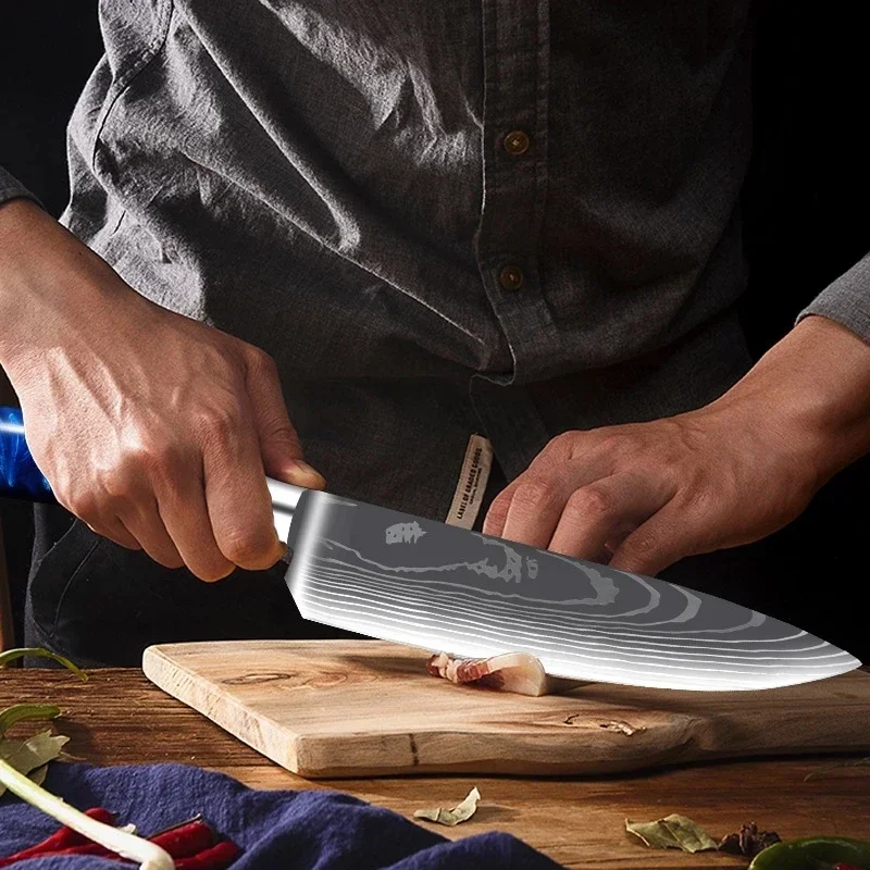 Kitchen Knives Set Blue Resin Handle Laser Damascus Blade Chef Fish Meat Cleaver Slicing Japanese Knife Sets