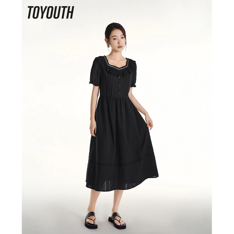 Toyouth Women Dress 2023 Summer Short Sleeve Square Neck A-shape Slim Waist Lace Jacquard Cotton Elegant Holiday Black Skirt