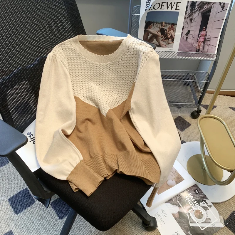 

2023 Autumn/Winter New Round Neck Pullover Wool Knitted Long-Sleeved Paired Colour Blocking Retro Elegant Knitwear