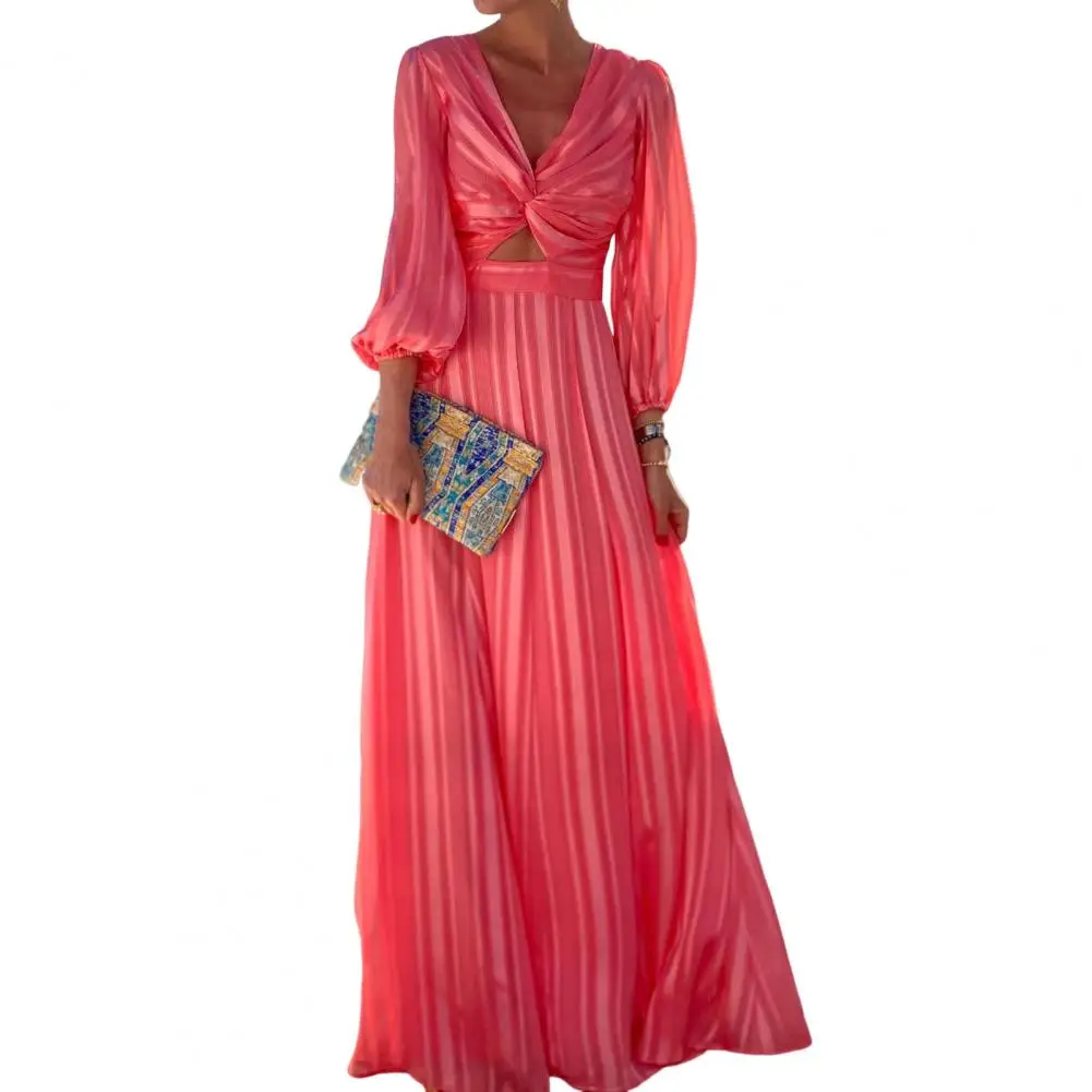 

Long Dress Floor-Length Skin-touching Shrinkage Cuffs Pleated Knot Hollow Large Hem Elegant Dress Elegant Dress Streetwear