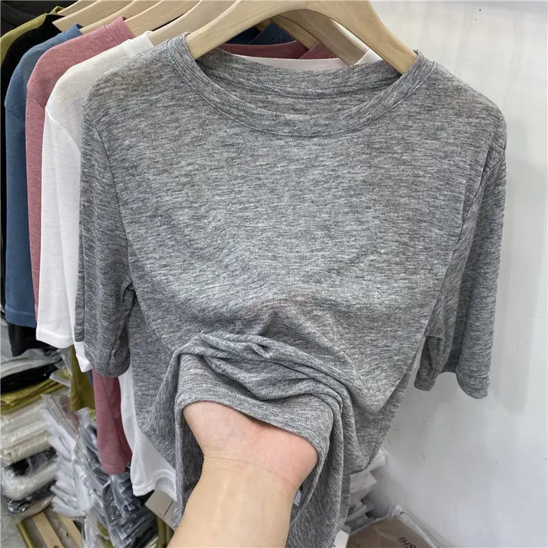 

Solid Color Casual Loose Short-sleeve T-shirts Women's 2022 Summer Tee New Thin Breathable Top Korean Fashion Lady T Shirt