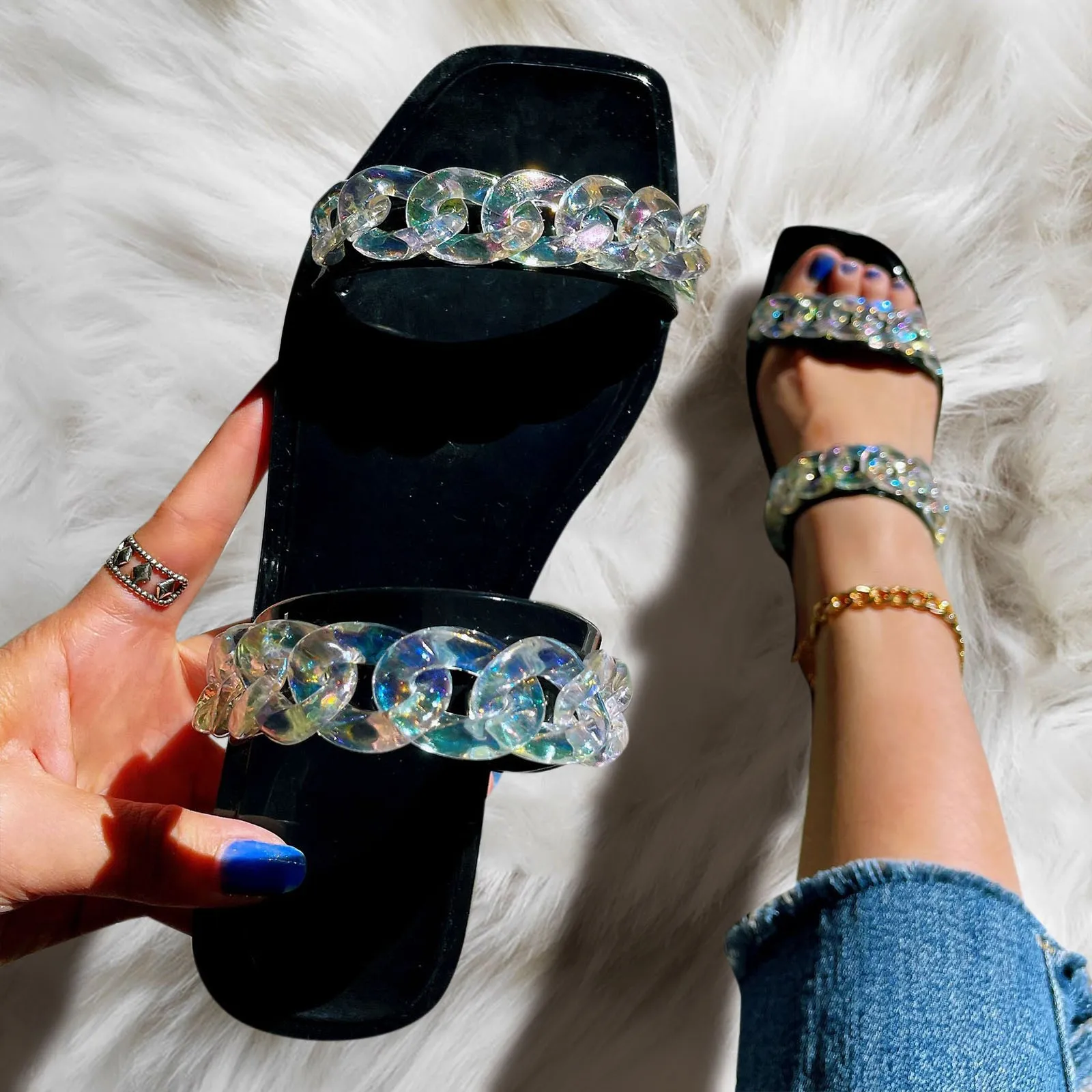 

Large Size Chain Shoes Fashion Flat Beach Women Slippers Leisure Summer Footwear Casual Indoor Sandals Non-slip Slides Flip Flop