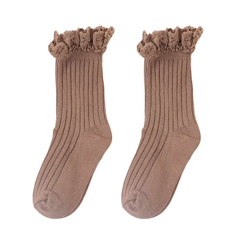 1-8 Y Autumn Winter Cotton Baby Girls Socks Solid Color Ruffle Socks Lace Socks Jacquard Hose Mid-calf Socks images - 6