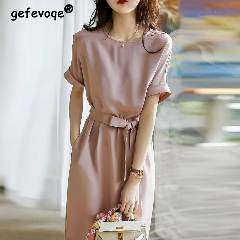 

Satin Elegant Lace Up Short Sleeve Solid Party Dresses for Women Summer Fashion Korean Office Ladies Slim Midi Dress Vestido 3XL